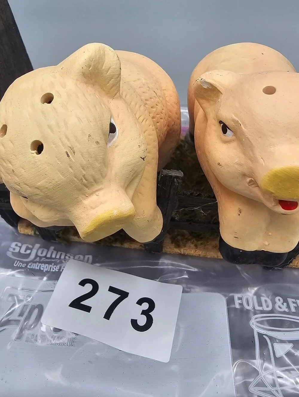 Vintage Ceramic Pig Salt and Pepper Shakers with Wooden Fence Holder